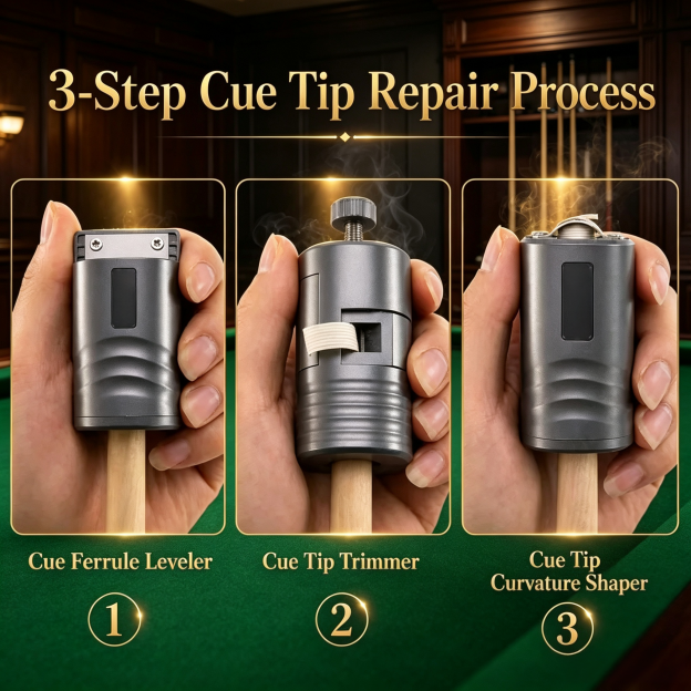 Professional Pool Cue Tip Repair Tool Set – 3-in-1 Cue Shaper, Trimmer & Ferrule Leveler for Precision Cue Maintenance