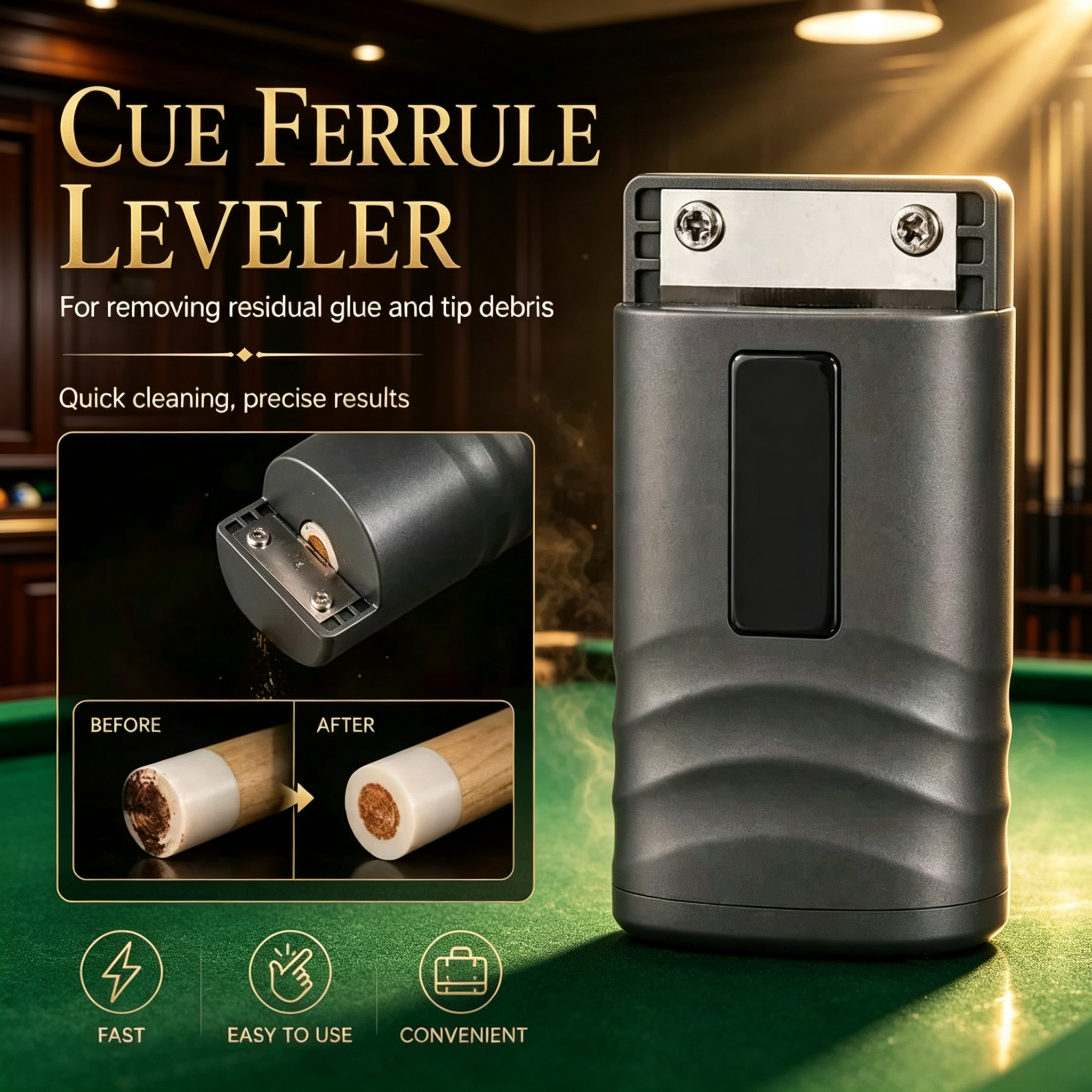Professional Pool Cue Tip Repair Tool Set – 3-in-1 Cue Shaper, Trimmer & Ferrule Leveler for Precision Cue Maintenance
