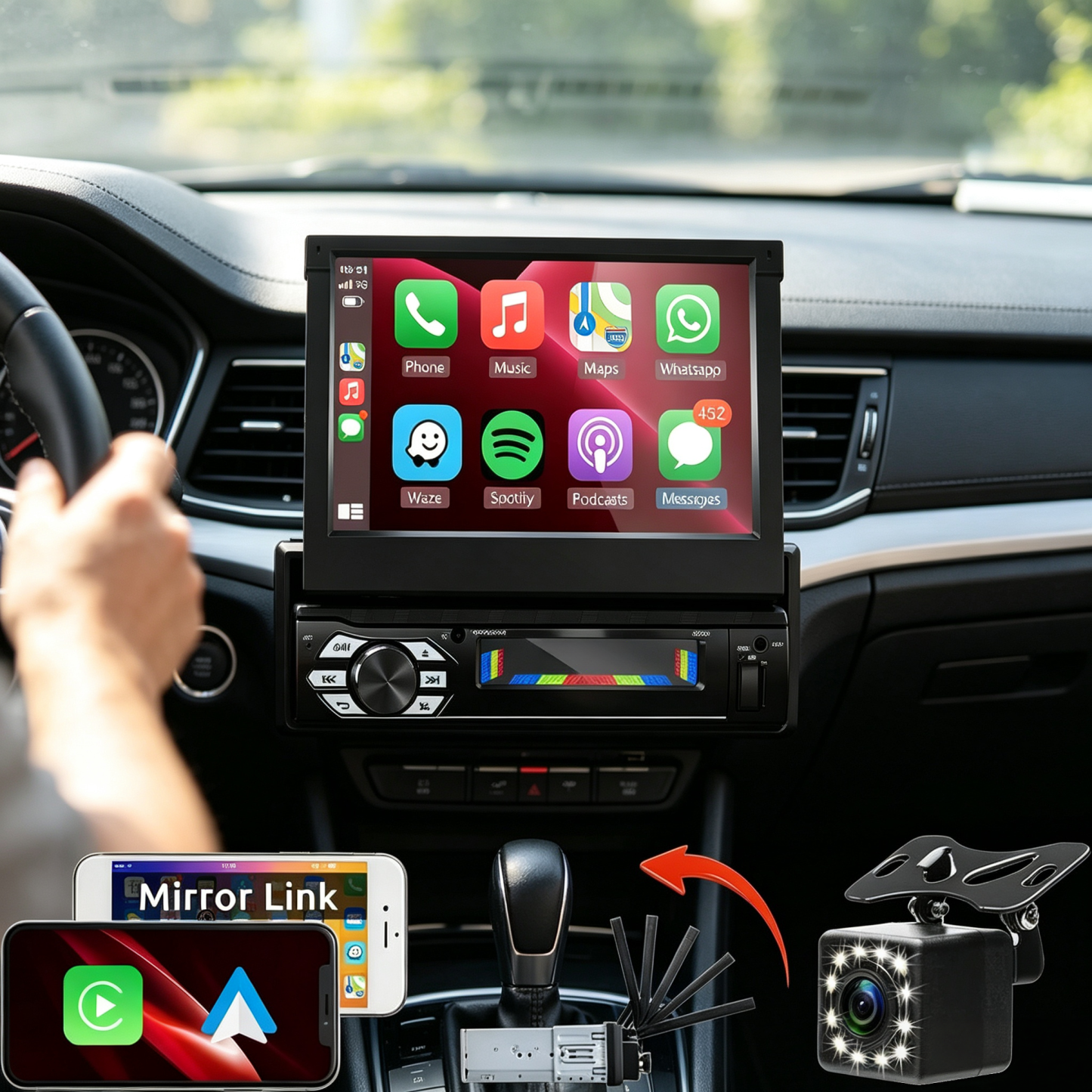 Single DIN Car Stereo with 7" Flip-Out Touchscreen