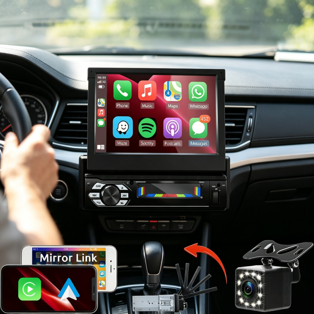 Single DIN Car Stereo with 7" Flip-Out Touchscreen
