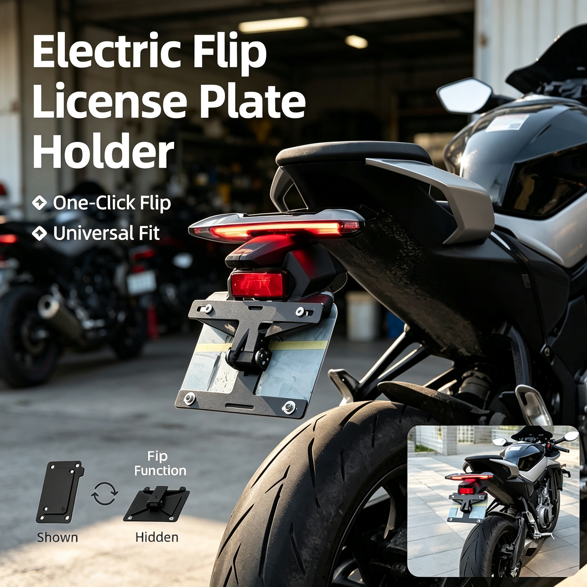 Motorcycle License Plate Holder – One-Touch Electric Flip for Ultimate Convenience
