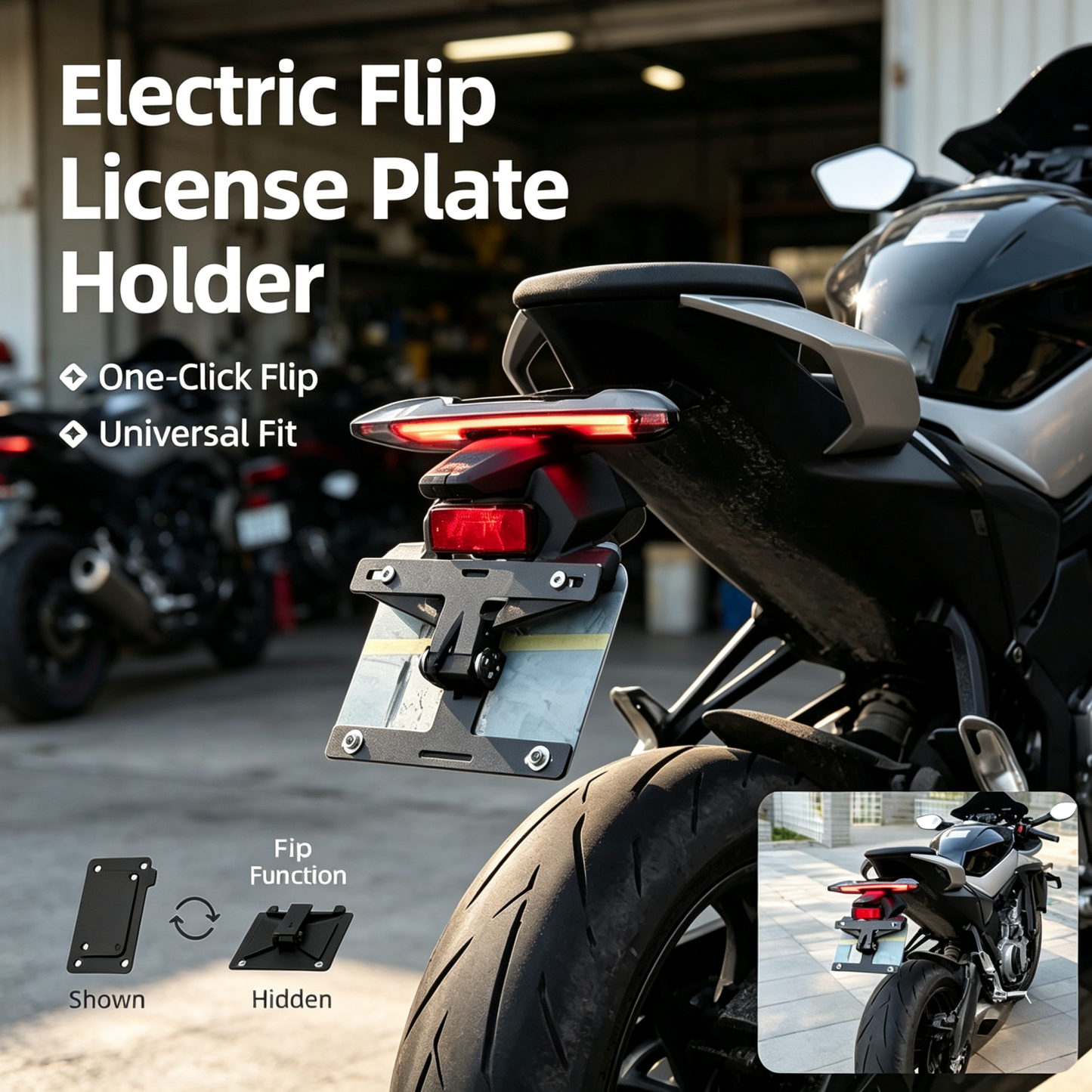 Motorcycle License Plate Holder – One-Touch Electric Flip for Ultimate Convenience