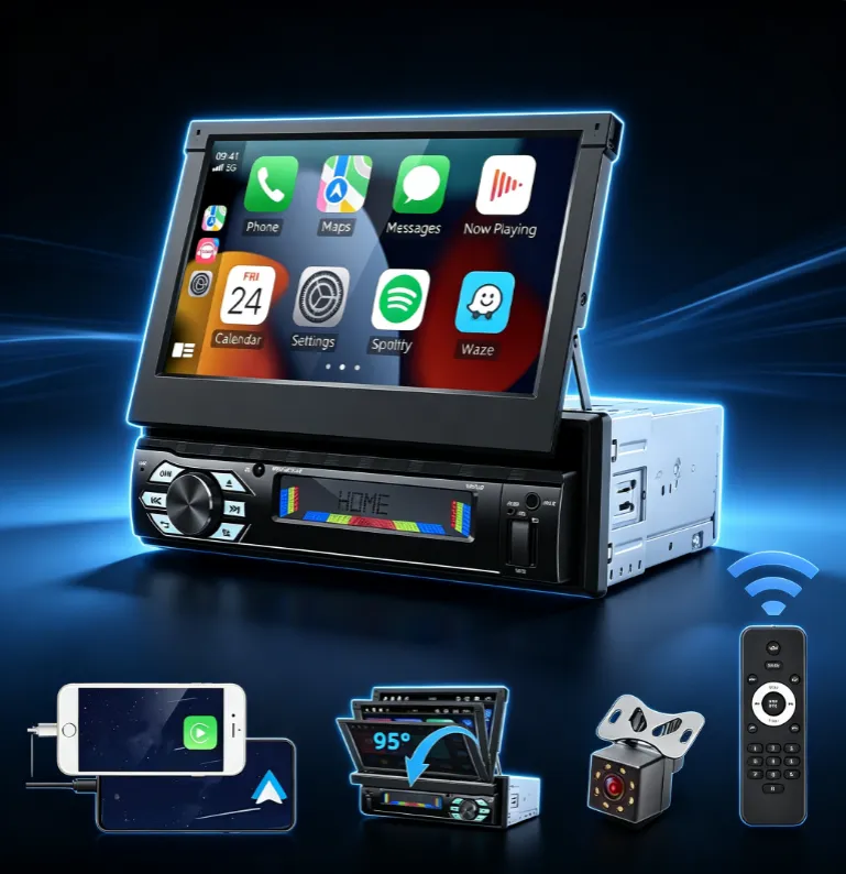 Single DIN Car Stereo with 7" Flip-Out Touchscreen
