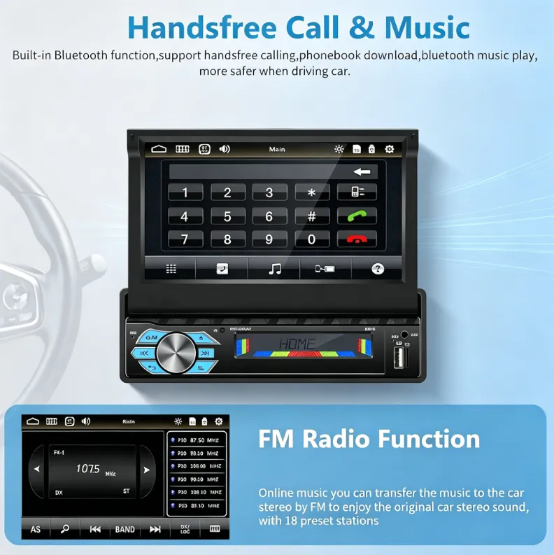 Single DIN Car Stereo with 7" Flip-Out Touchscreen