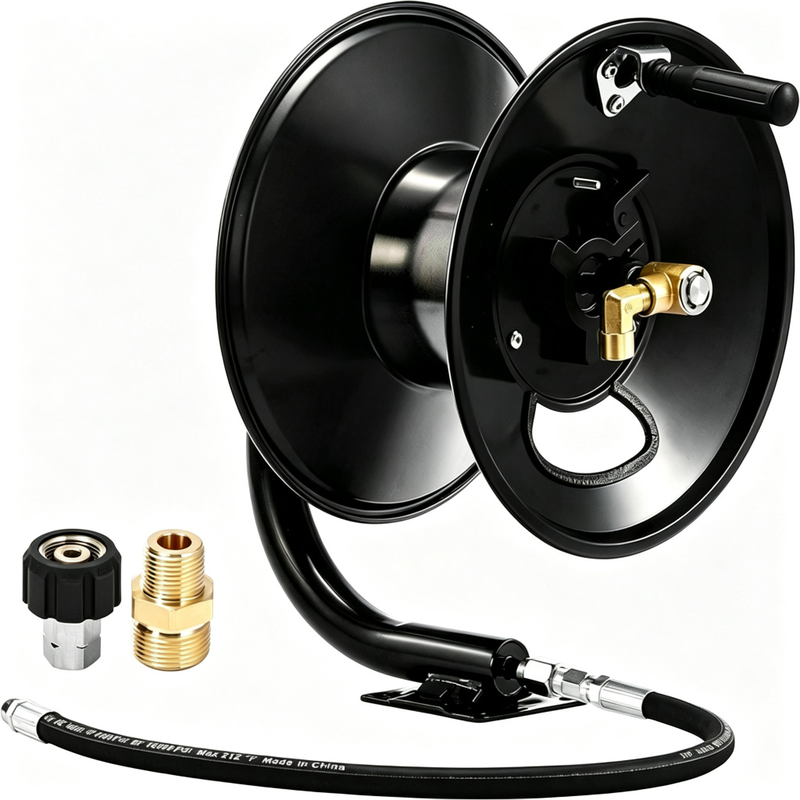 Heavy-Duty Pressure Washer Hose Reel – 4000 PSI Steel Hose Management System