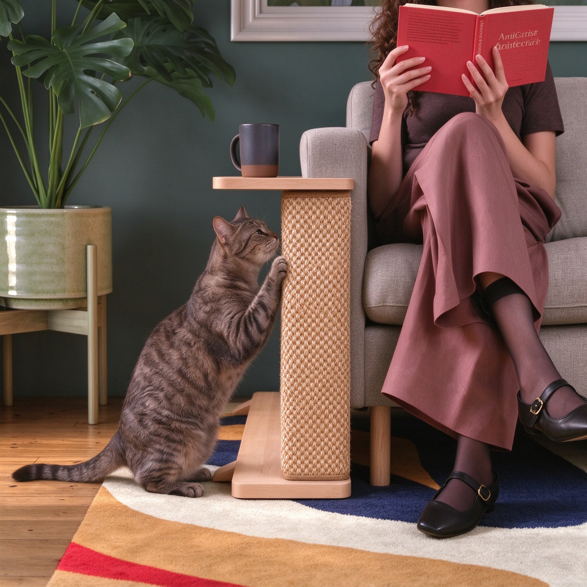 Cat using solid wood cat side table