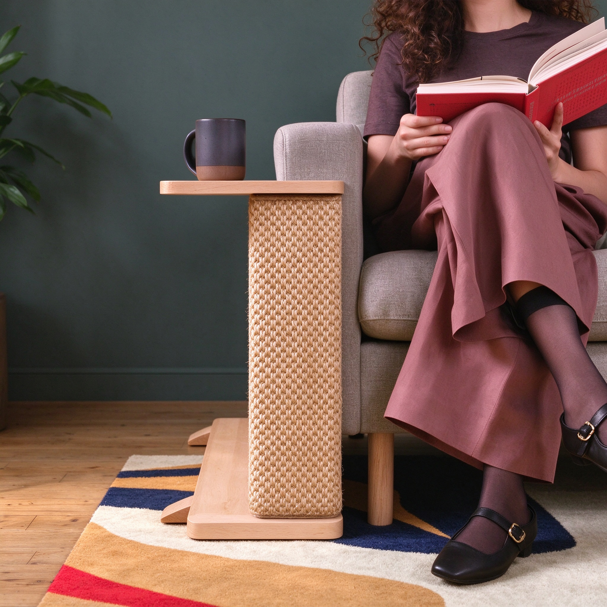 Solid wood cat side table beside sofa