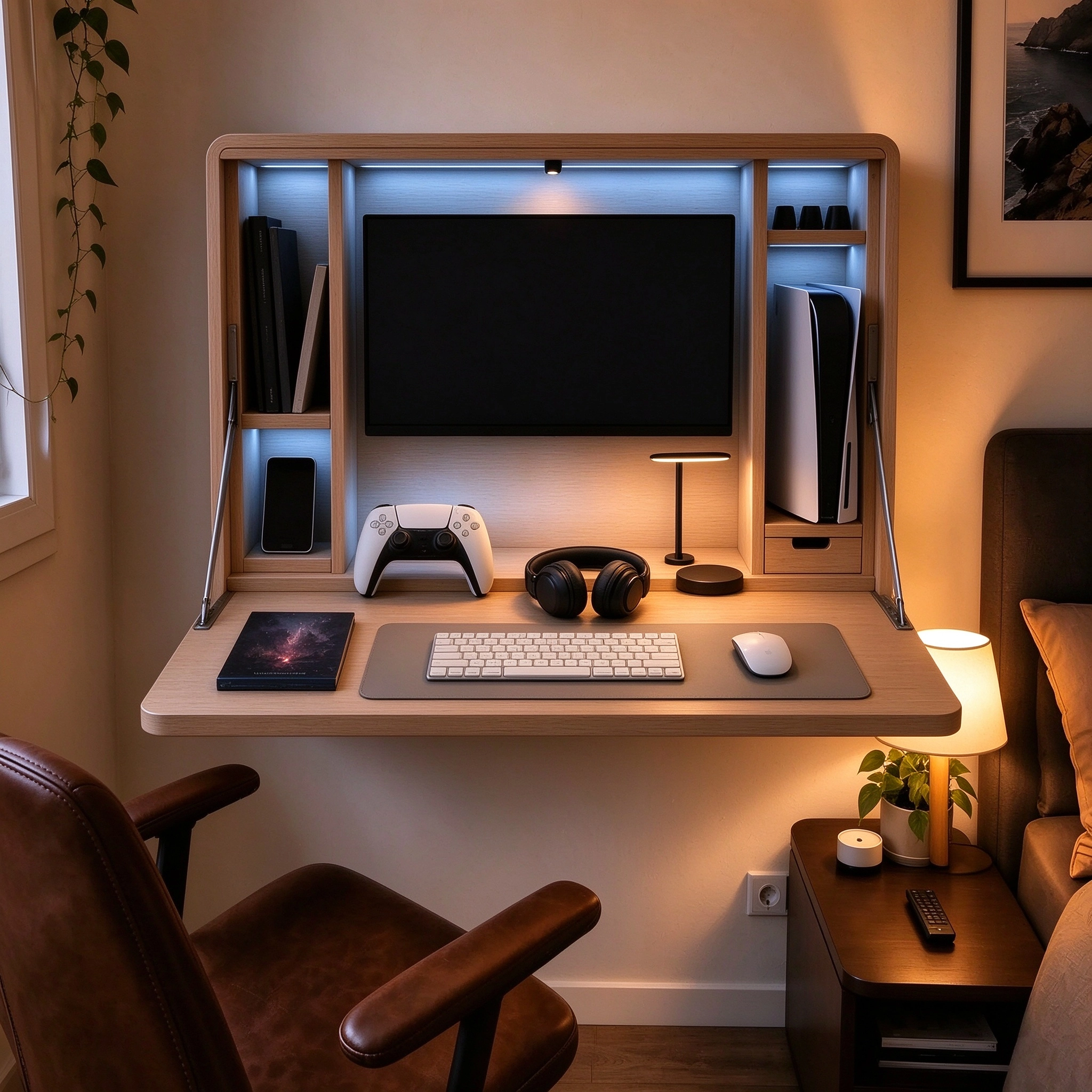 Fold-Away Wall Desk with Oak Finish, Integrated Storage & LED Lighting