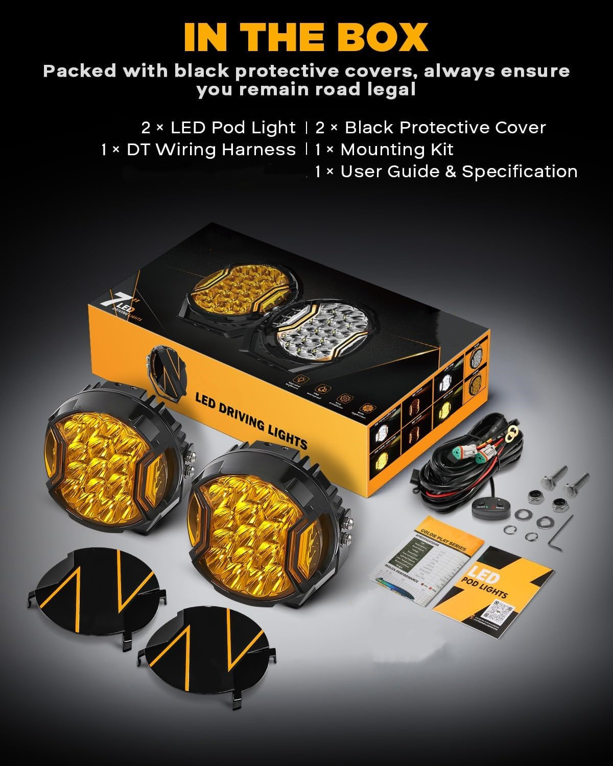 Amber LED Off-Road Light Pods - 26800LM, 270° Wide Beam