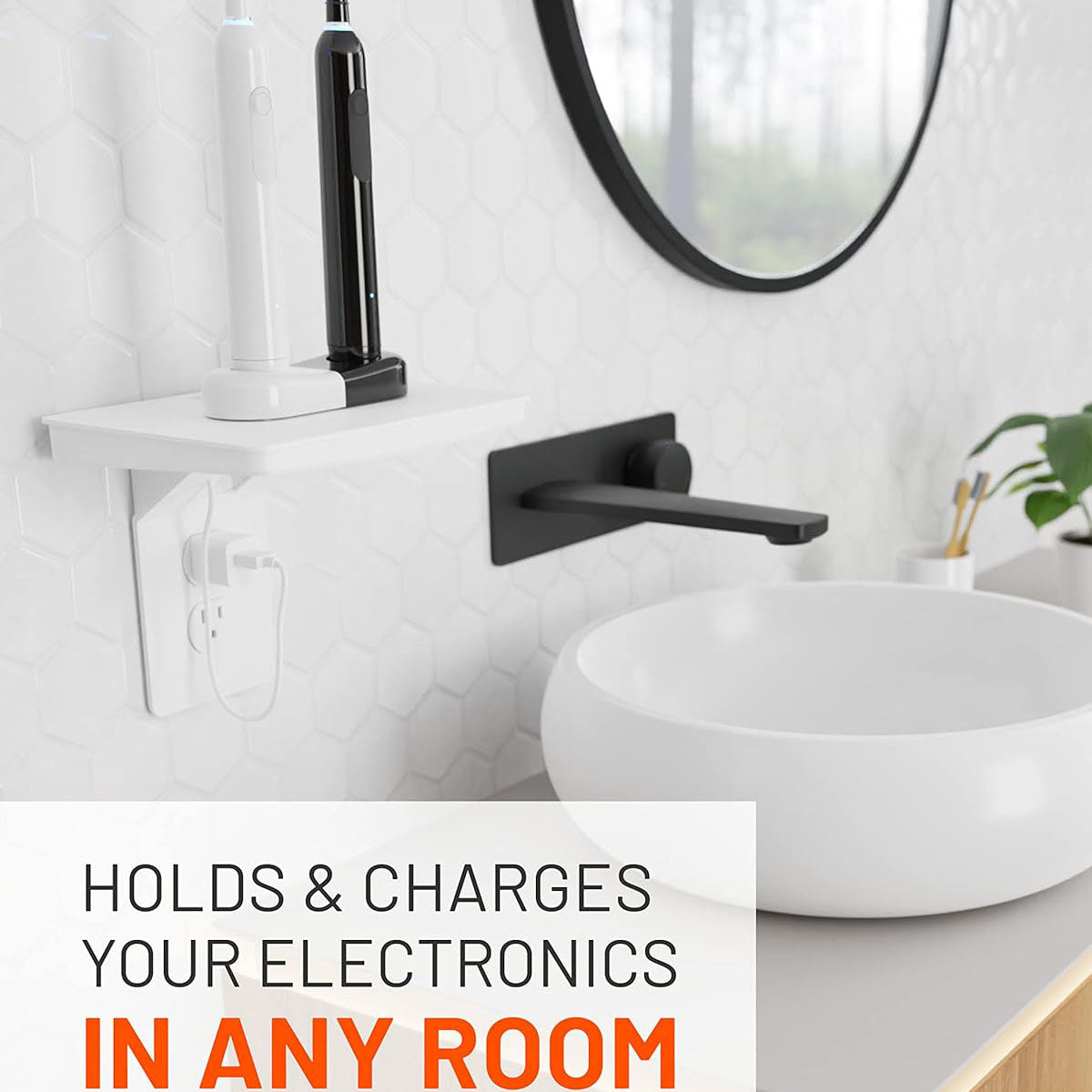 Wide Outlet Shelf – Extra-Wide Wall Outlet Shelf with Built-In Cord Storage, Supports Bulky Plugs & Devices