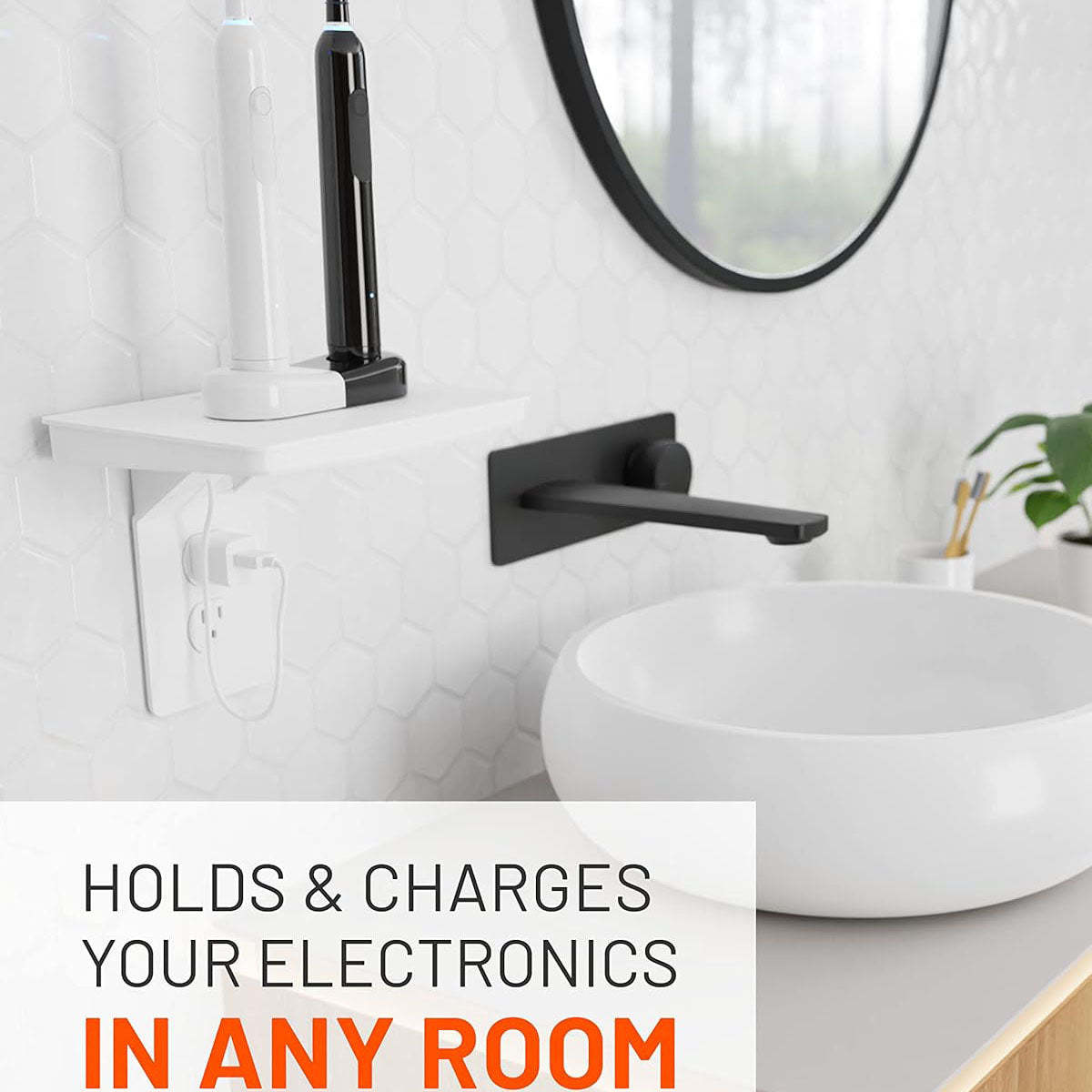 Wide Outlet Shelf – Extra-Wide Wall Outlet Shelf with Built-In Cord Storage, Supports Bulky Plugs & Devices