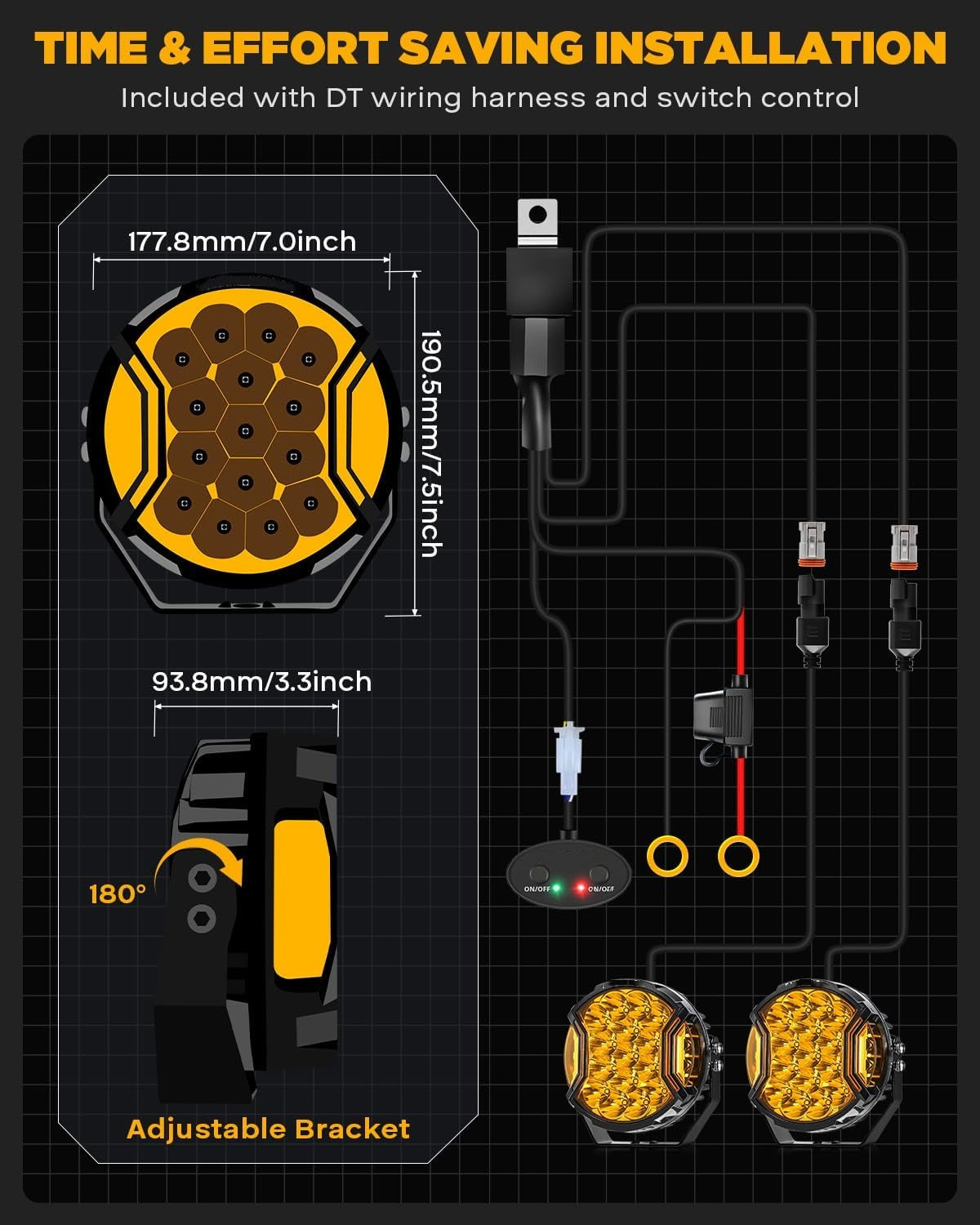 Amber LED Off-Road Light Pods - 26800LM, 270° Wide Beam