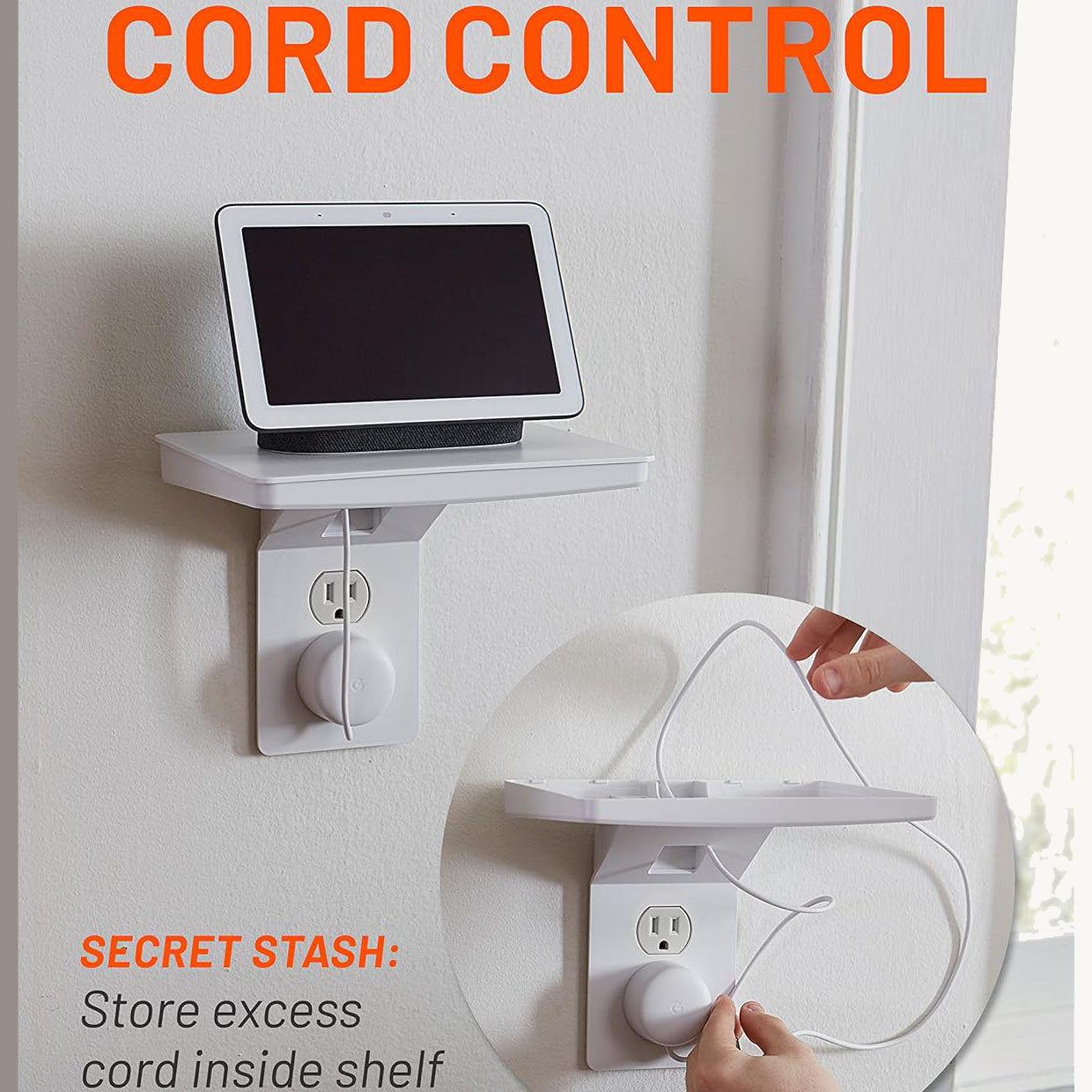 Wide Outlet Shelf – Extra-Wide Wall Outlet Shelf with Built-In Cord Storage, Supports Bulky Plugs & Devices