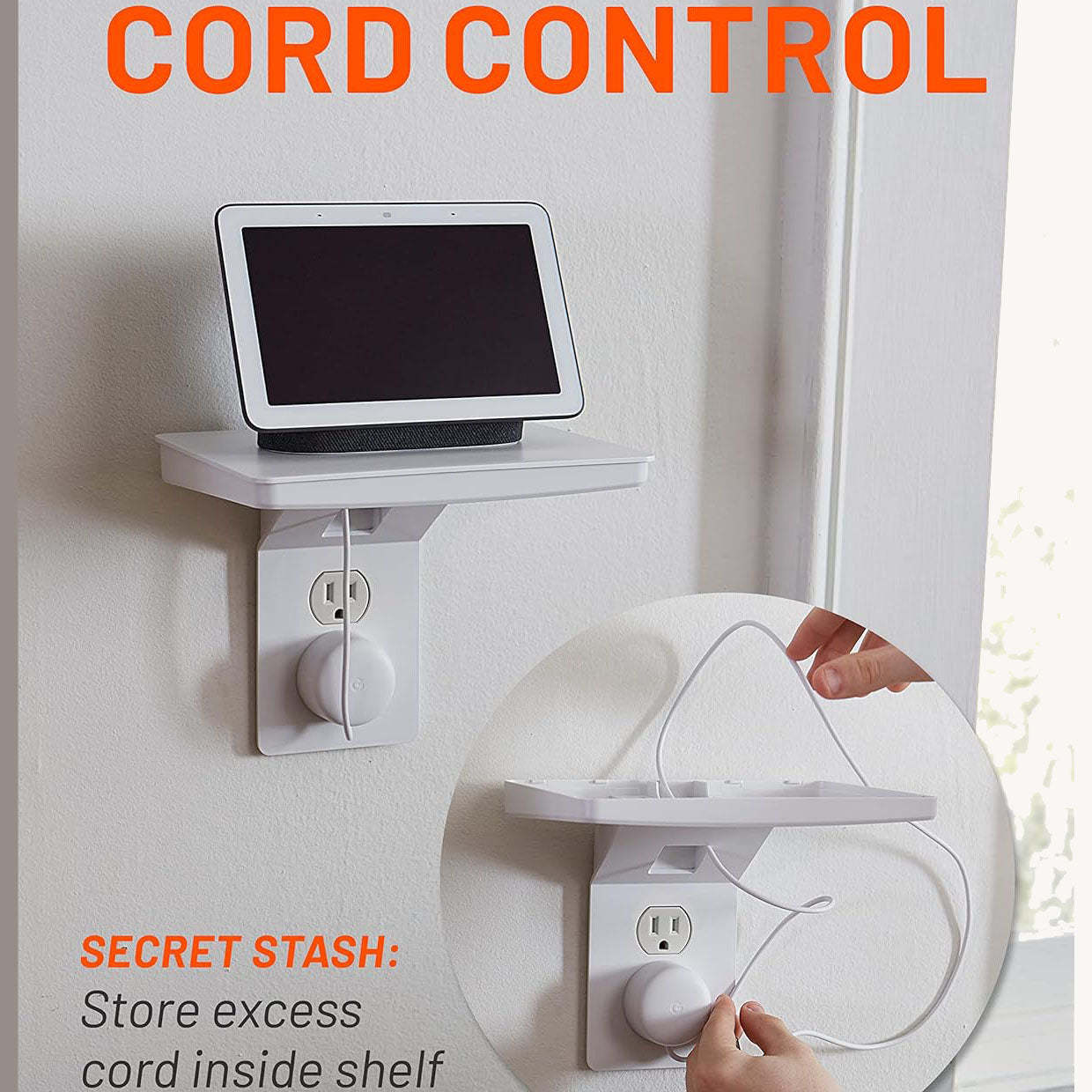 Wide Outlet Shelf – Extra-Wide Wall Outlet Shelf with Built-In Cord Storage, Supports Bulky Plugs & Devices