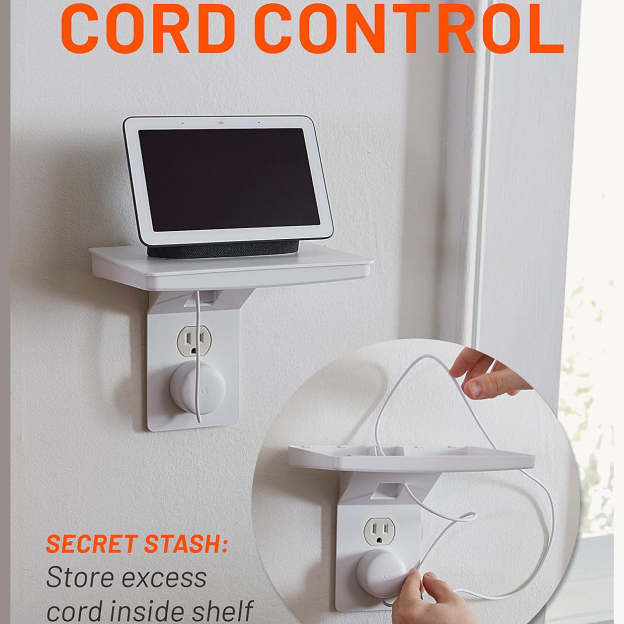 Wide Outlet Shelf – Extra-Wide Wall Outlet Shelf with Built-In Cord Storage, Supports Bulky Plugs & Devices