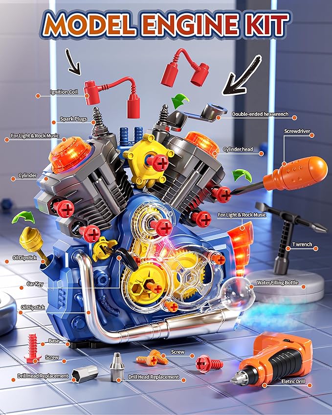 STEM engine model kit toy with cool lights and music