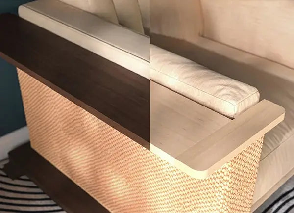 Close detail of wooden cat side table