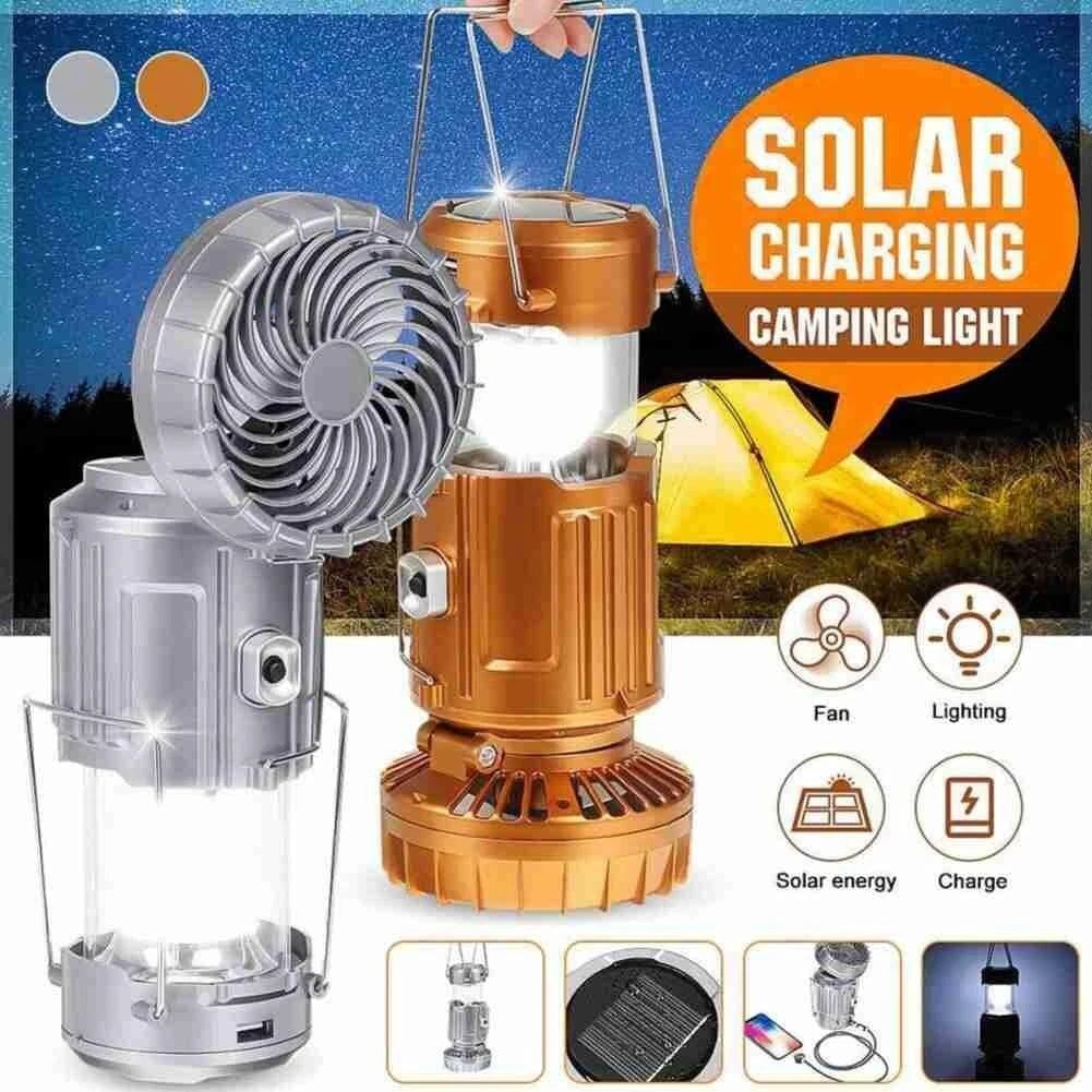 Portable outdoor LED camping light with fan, solar charging