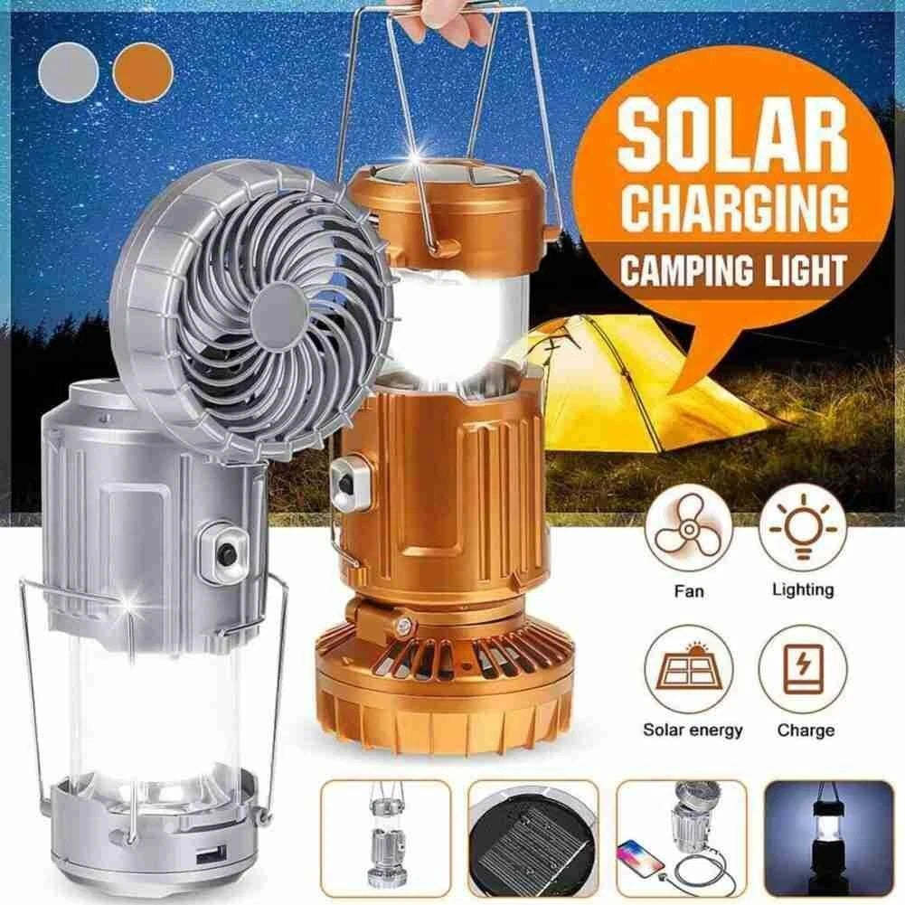 Portable outdoor LED camping light with fan, solar charging