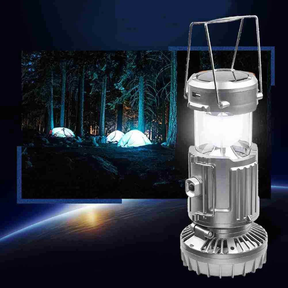 Portable outdoor LED camping light with fan, solar charging