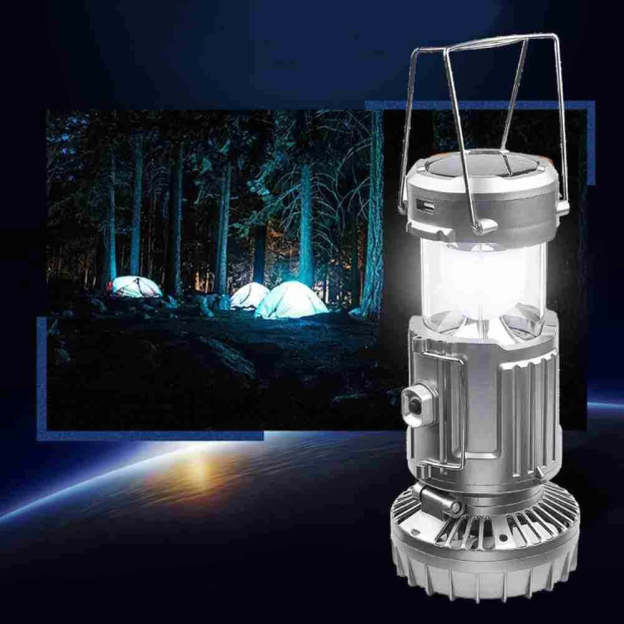 Portable outdoor LED camping light with fan, solar charging