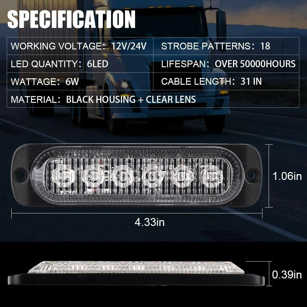Amber Flashing LED Light Bars – 6 LED Flashing Warning Lights for Trucks and Vehicles