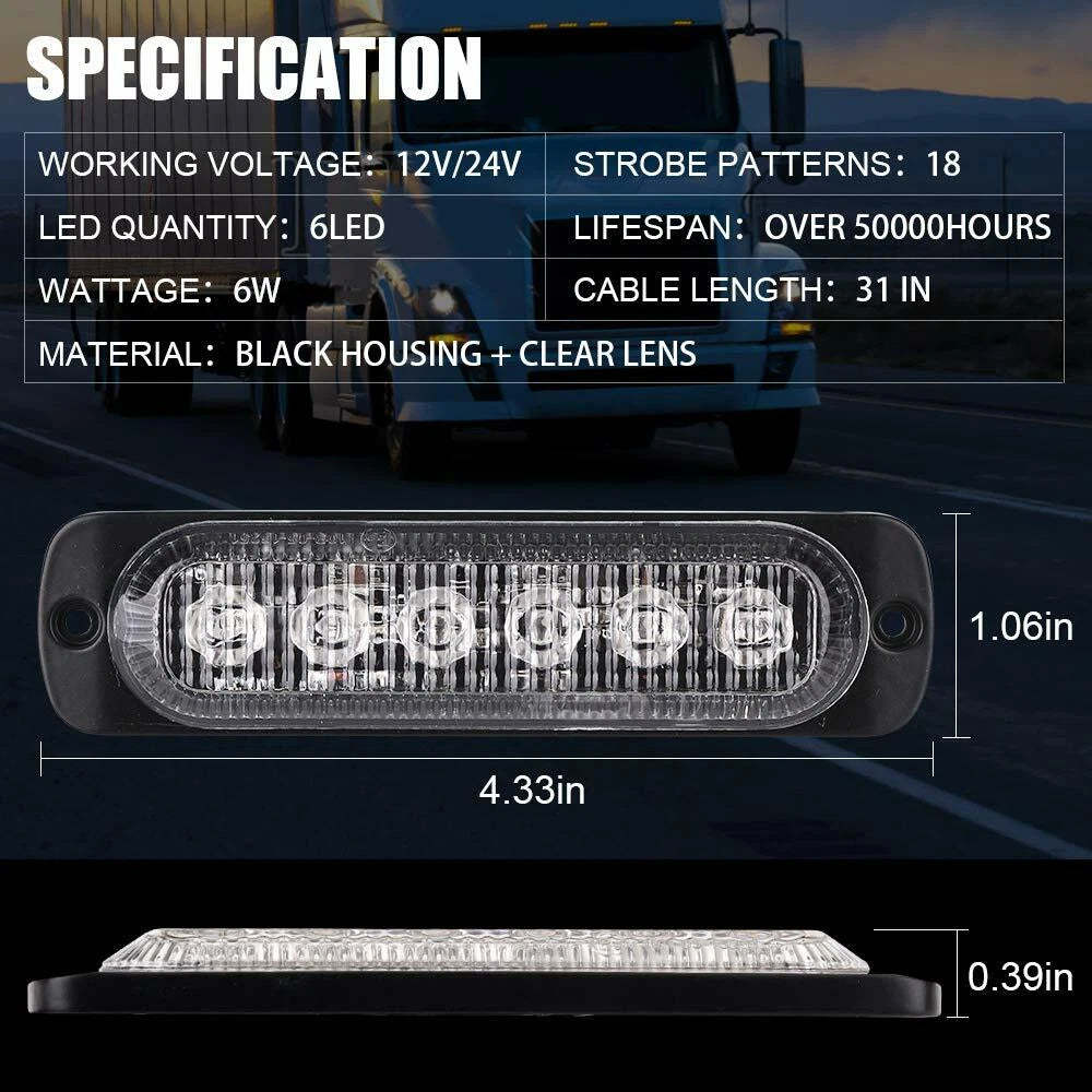Amber Flashing LED Light Bars – 6 LED Flashing Warning Lights for Trucks and Vehicles