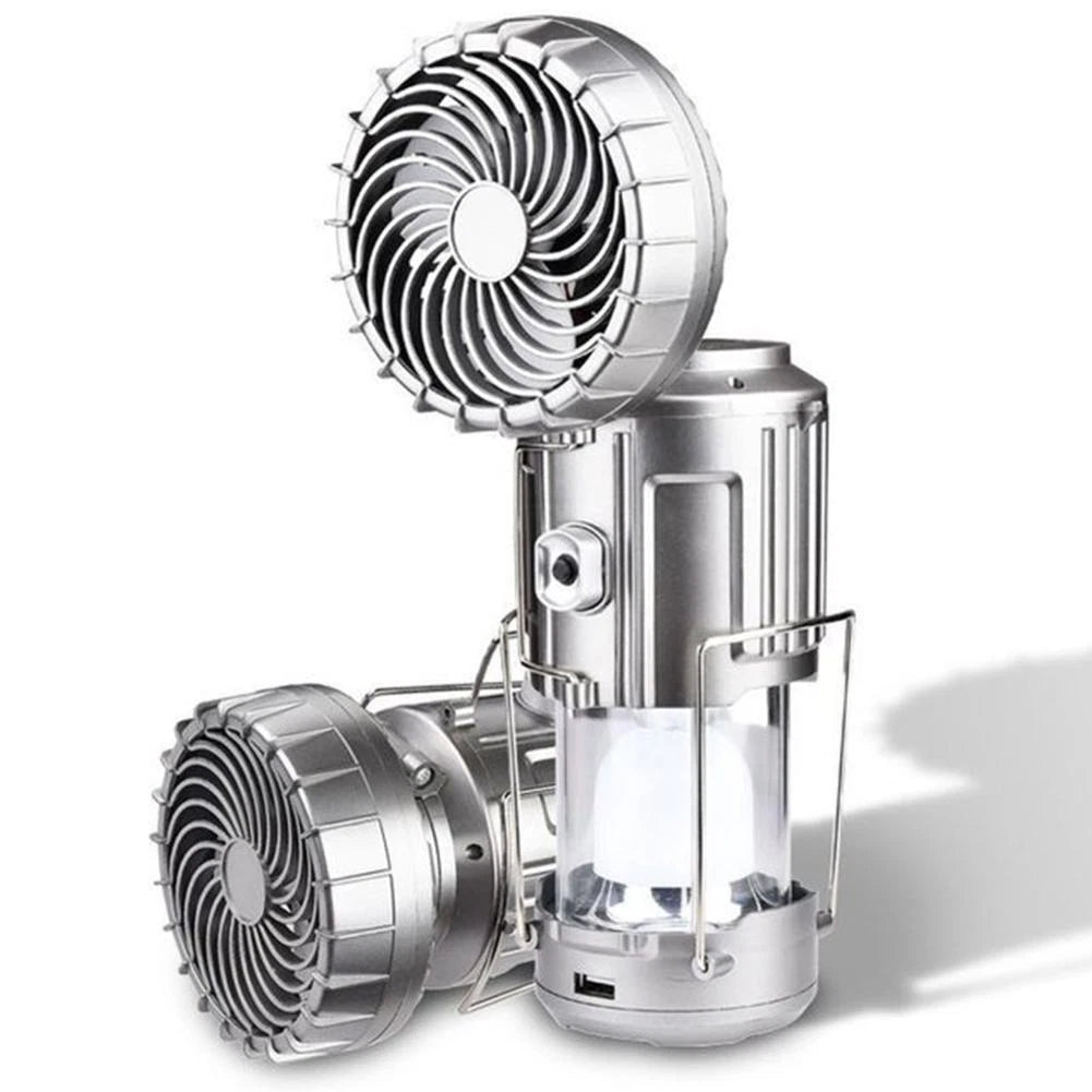 Portable outdoor LED camping light with fan, solar charging