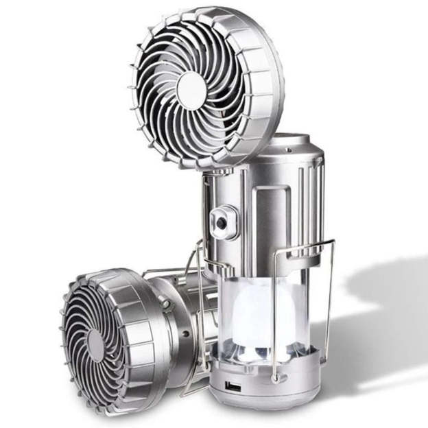 Portable outdoor LED camping light with fan, solar charging