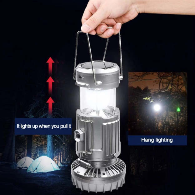 Portable outdoor LED camping light with fan, solar charging