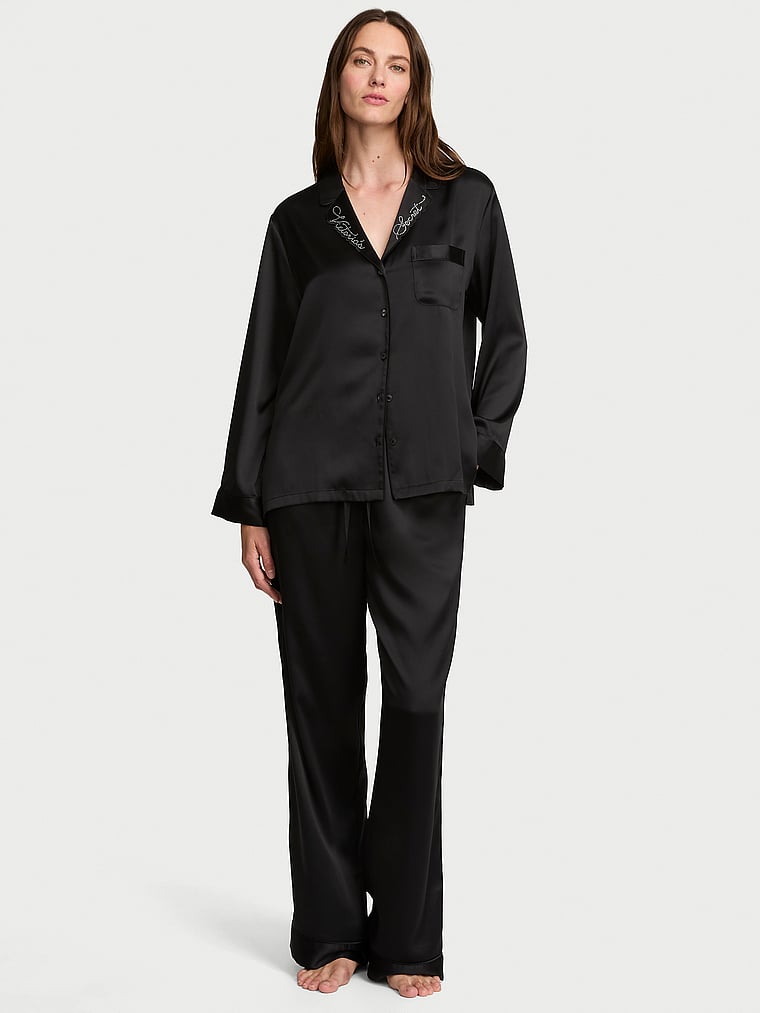 Signature Satin Long Pajama Set - Black - image 1