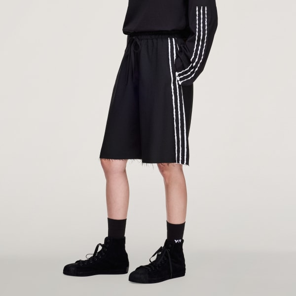 Black Y-3 SPORT UNIFORM RAW CUT 3-Stripes SHORTS