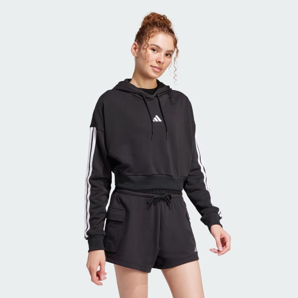Black Essentials 3-Stripes French Terry Crop Hoodie