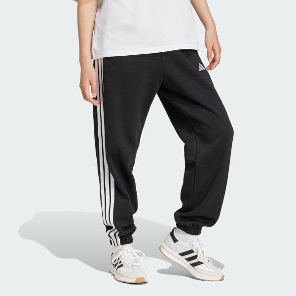 Black Essentials 3-Stripes Fleece Loose-Fit Pants