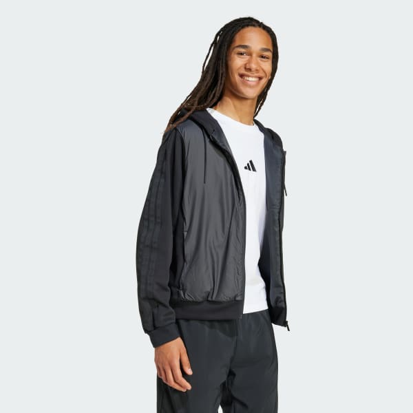 Black Essentials CLIMAWARM 3-Stripes Insulated Hooded Hybrid Jacket