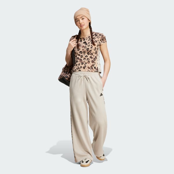 Beige Animal Print 3-Stripes Open Hem Pants