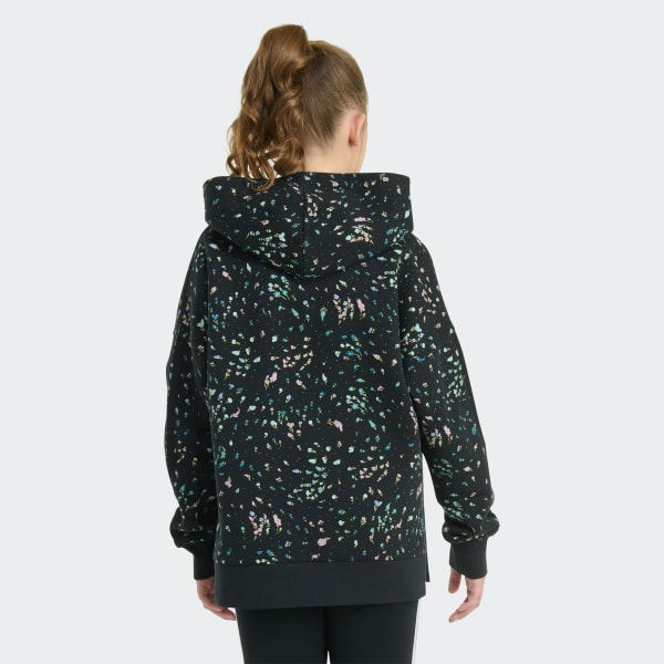 Black Long Sleeve Hooded Printed Slit Fleece Pullover