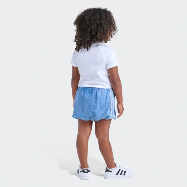 White RAGLAN TEE DENIM BBLE SKRT SET