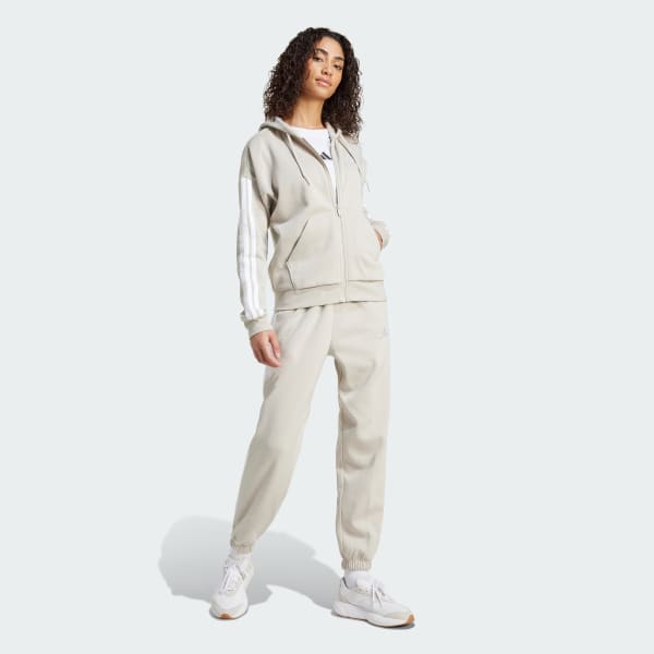 Beige Essentials 3-Stripes Full-Zip Fleece Hoodie