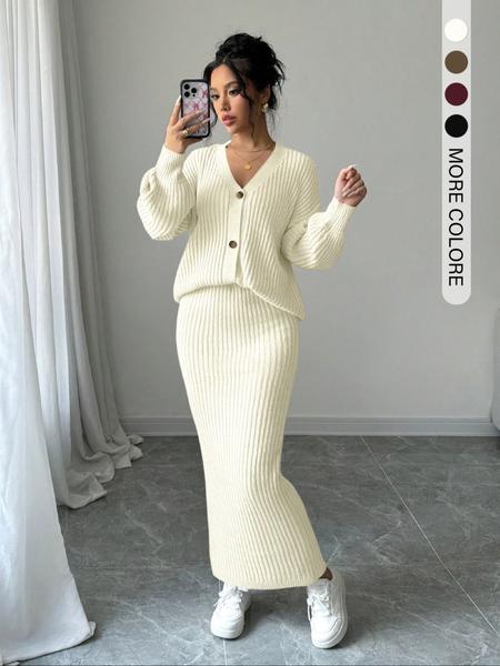 Women's Solid Button Front Sweater & Long Skirt Two-piece Set, Casual Drop Shoulder Long Sleeve Knit Top & High Waist Skirt for Daily Outdoor Wear, Women's Knitwear for Fall & Winter