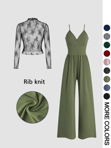 Women's Solid Color Lace Tee & Pocket Jumpsuit Two-piece Set, Elegant Fashion Casual Zipper Back Cami Jumpsuit & Long Sleeve Top for Daily Outdoor Wear, Women's Clothing for Spring & Fall