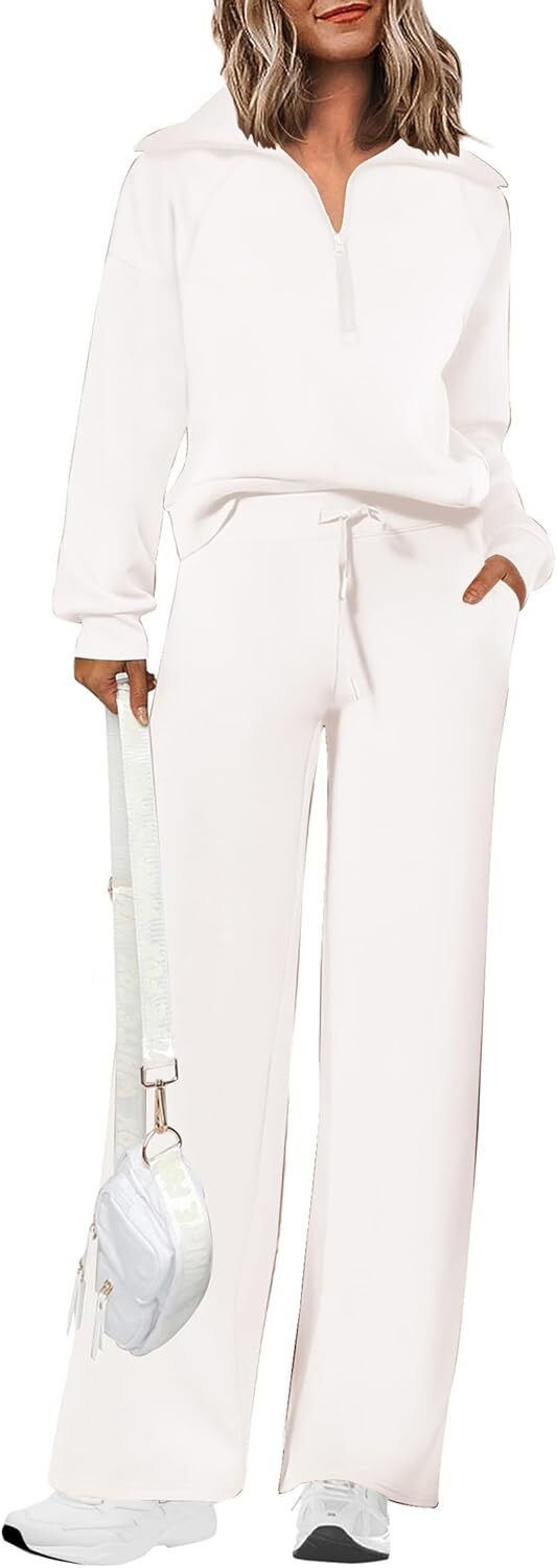 Women's 2 Piece Outfits Casual Lapel Half Zip Sweatshirts And Wide Leg Pants Tracksuit Sets