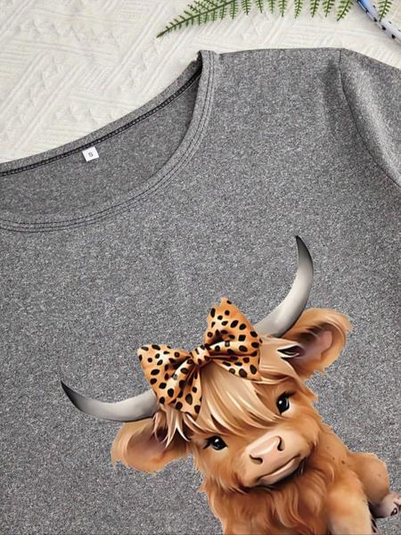 Cartoon Highland Cow Print Women's Pajama Sets, Casual All Seasons Nightwear, Fitted Knitted Fabric Sleepwear