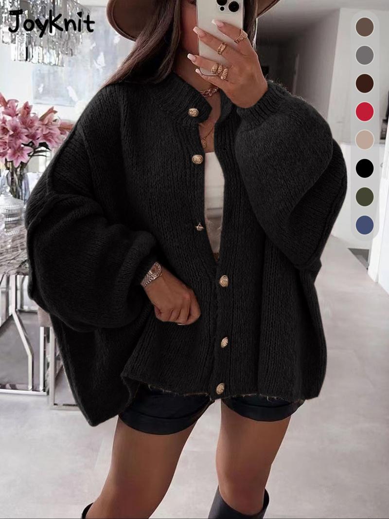 Women's Solid Color Button Cable Knit Cardigan, Casual Long Sleeve Open Front Outerwear for Fall & Winter, Women's Knit Clothing for Daily Wear