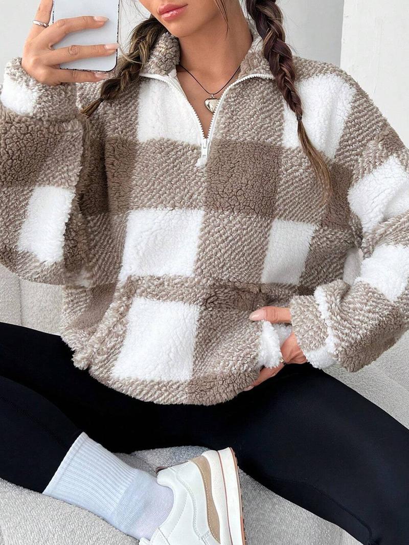 Women's Plaid Print Half Zip Drop Shoulder Fleece Sweatshirt, Casual Long Sleeve Stand Collar Pullover for Spring & Fall, Ladies Clothes for Daily Wear