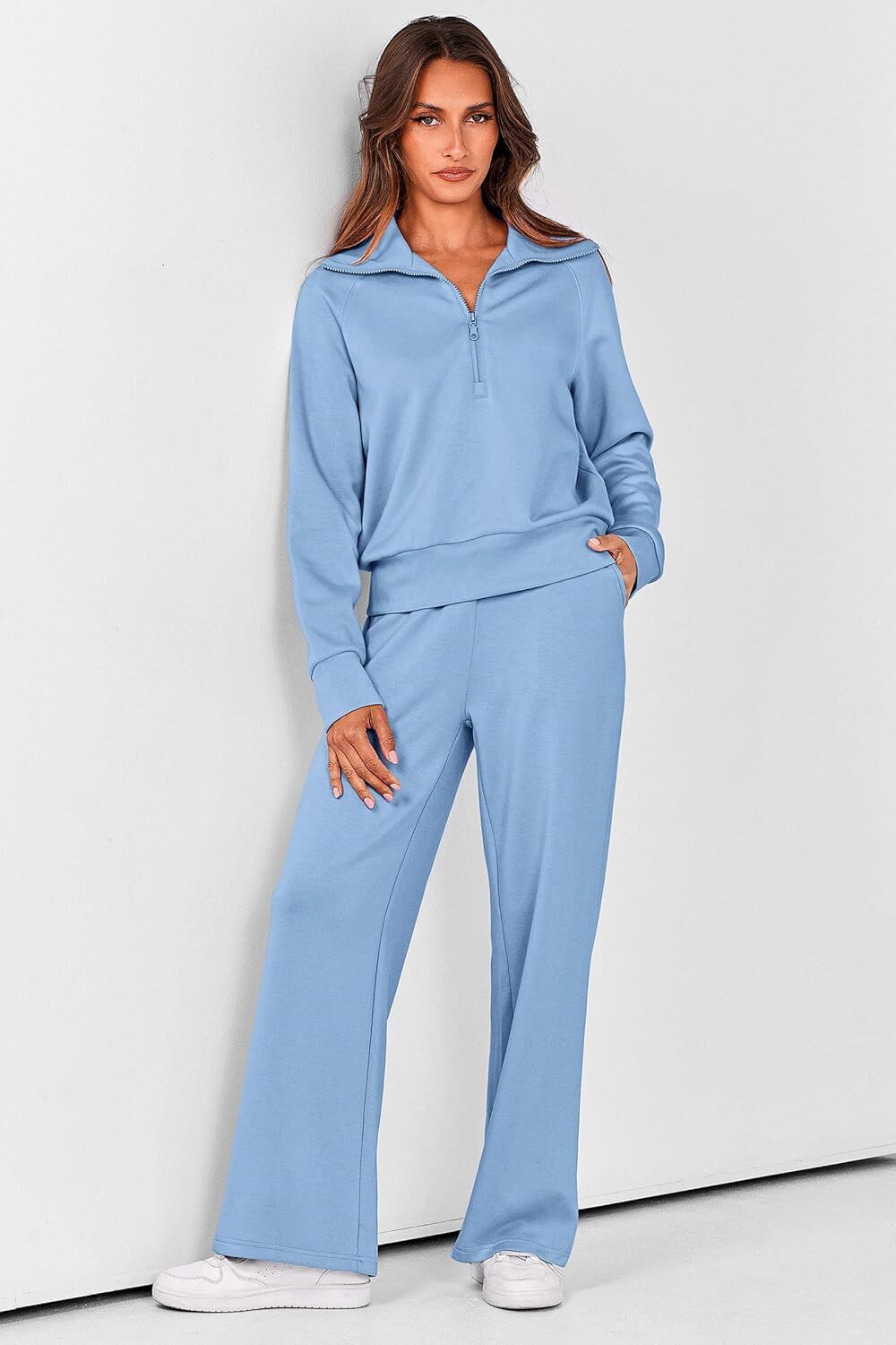Women's 2 Piece Outfits Casual Lapel Half Zip Sweatshirts And Wide Leg Pants Tracksuit Sets
