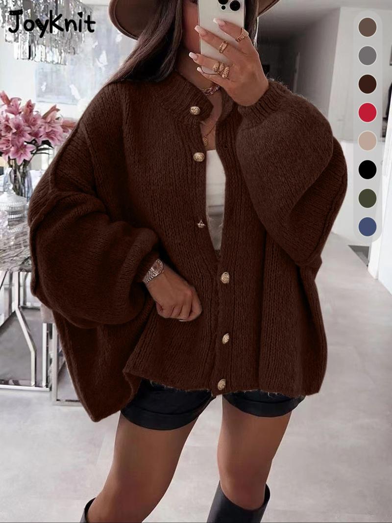 Women's Solid Color Button Cable Knit Cardigan, Casual Long Sleeve Open Front Outerwear for Fall & Winter, Women's Knit Clothing for Daily Wear