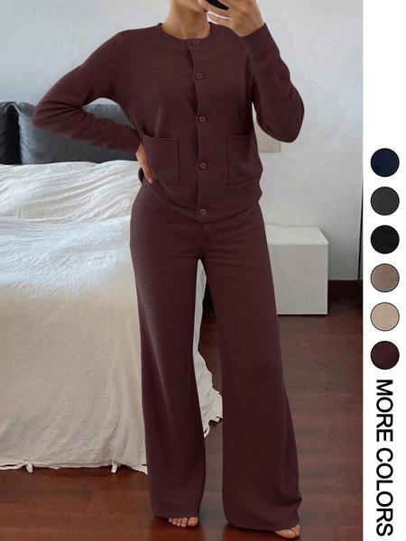 Women's Casual Comfortable Round Neck Long Sleeve Knit Sweater Set, High Waist Versatile Wide Leg Pants, Perfect for Daily Wear