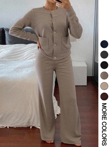 Women's Casual Comfortable Round Neck Long Sleeve Knit Sweater Set, High Waist Versatile Wide Leg Pants, Perfect for Daily Wear