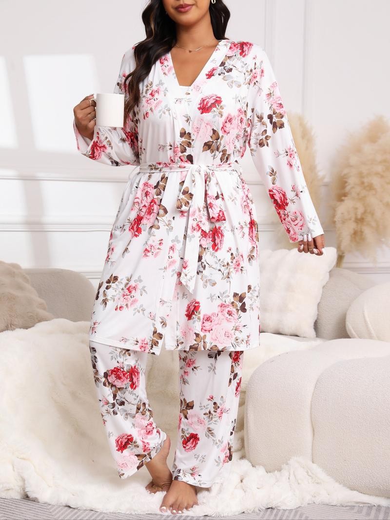 [Plus Size] Three-Piece Set Floral Print Belted Lounge Robe & Cami Top & Elastic Waist Pants Pyjama Set, Elegant Comfy Drop Shoulder Long Sleeve Robe & Sleeveless Top & Bow Decor Trousers PJ Set, Women's Sleepwear for Spring & Fall